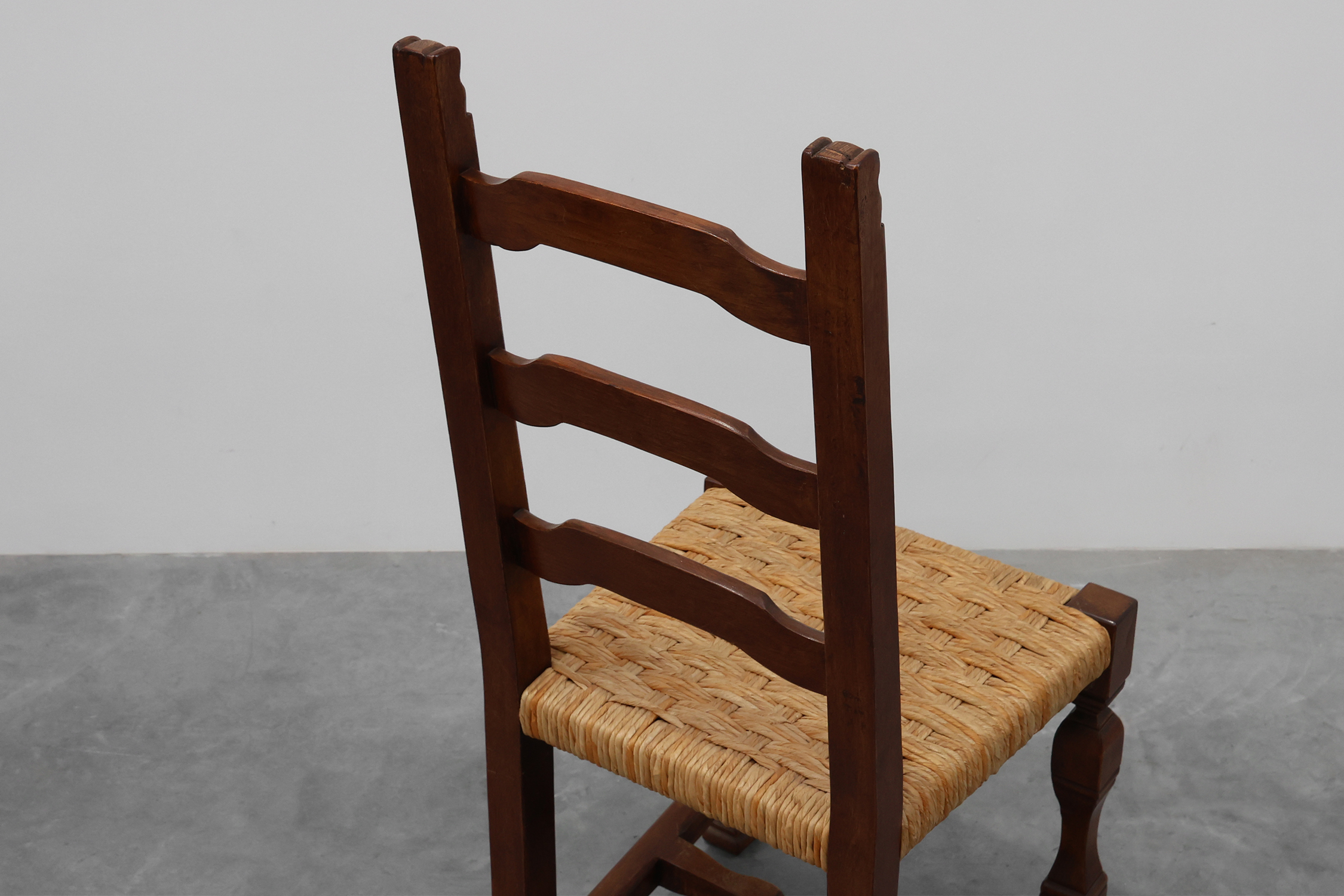 Set of 8 Brutalist Mid-Century Chairs in Wood and Wicker, Belgium ca. 1970thumbnail
